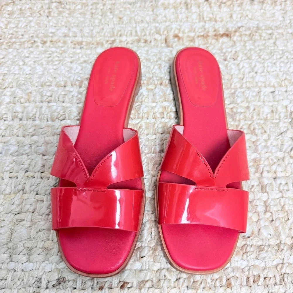 Kate Spade New York Orange Patent Leather H-Strap Slide Sandals Womens 8.5 Flat
